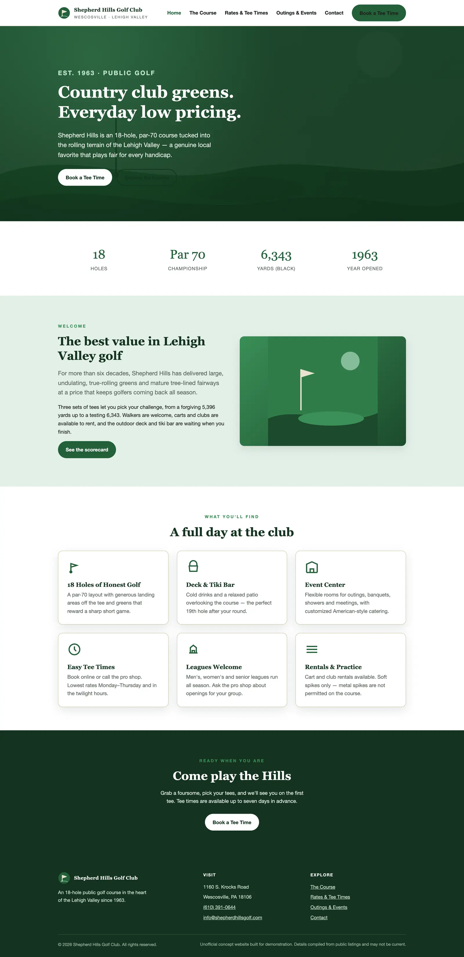 The Shepherd Hills Golf Club website, desktop view